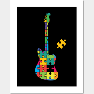 Color Puzzle Offset Style Electric Guitar Silhouette Posters and Art